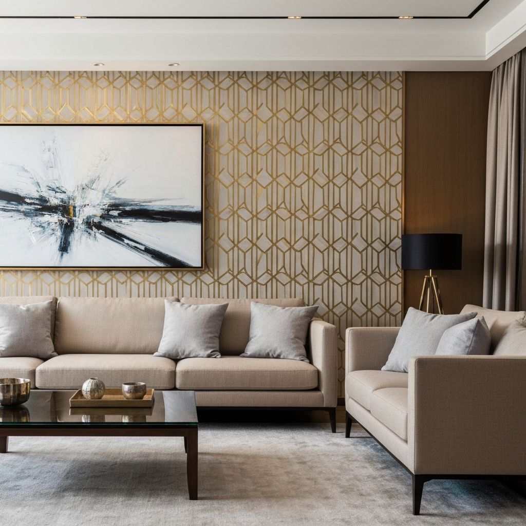 Tapet decorativ geometric în living modern București - tapet premium România
